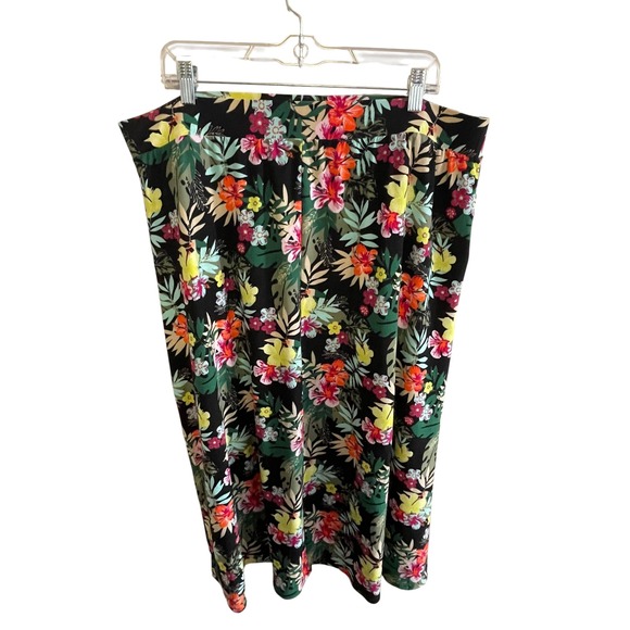 Terra & Sky Dresses & Skirts - Terra & Sky 1X (16W-18W) Floral Midi Skirt black tropical Side Slit Pockets